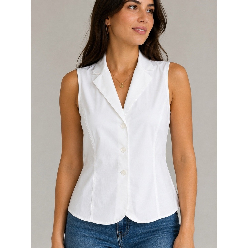 Calvin Klein Women's White Sleeveless Button-Front Vest Blouse 100% Cotton M